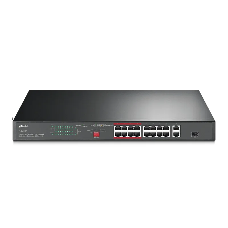 SWITCH TP-LINK  16 porturi, 16× PoE+ 10/100 Mbps RJ45, 2× Gigabit RJ45,1 x combo Gigabit SFP slot, carcasa metal "TL-SL1218P" (timbru verde 2 lei)