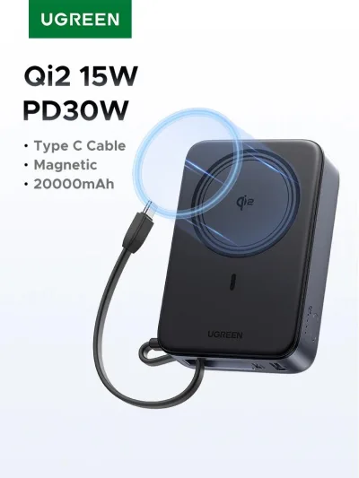 POWER BANK Ugreen "PB567", 20000mAh, 30W PD3.0 , 1 x USB, 1 x USB Type-C, incarcare magnetica 15W, 1 x USB Type-C cablu integrat, gri, "55450B" (timbru verde 0.98 lei)