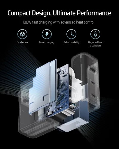 INCARCATOR retea Cuktech 2C1A Quick Charge 100W, 2 x USB Type-C Output, 1 x USB Output, include cablu USB Type-C la USB Type-C 1m, gri "CUKAD1003EUG" (timbru verde 0.18 lei)