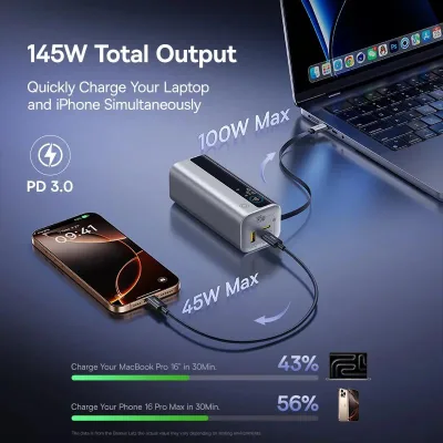 POWER BANK Baseus EnerGeek GR11, 20000mAh, 145W, 2 x USB Type-C, 1 x USB, cablu integrat USB Type-C, display, argintiu, "E0027B02" (timbru verde 0.98 lei) - 6932172691738