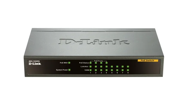 SWITCH PoE D-LINK  8 porturi 10/100Mbps (4 PoE), IEEE 802.3af, carcasa metalica, "DES-1008PA" (timbru verde 2 lei)