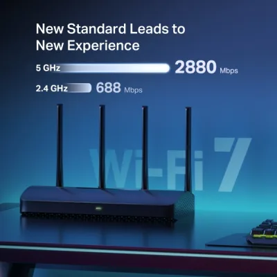 ROUTER Mercusys wireless, BE3600 viteze Wi-Fi 7 Dual Band de pana la 3600 Mbps ,1× 2.5 Gbps WAN + 1× 2.5 Gbps LAN + 2× 1 Gbps LAN, 4 antene, "MR27BE" (timbru verde 0.8 lei)