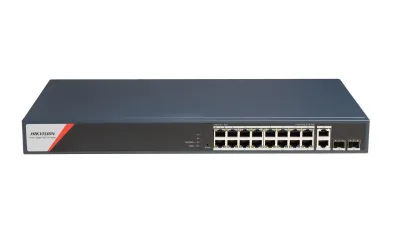 Switch PoE Hikvision DS-3E1520HP-SI-16P2T2F: 16 x 10/100/1000 PoE Ports, 2 × 10/100/1000 Mbps RJ45, 8 porturi PoE maxim 90W, buget PoE 230W, tensiune alimentare: 100-240V~ 50/60Hz 4 A, dimensiuni: 440 mm × 44 mm × 220.8 mm, greutate: 2.73kg, montare pe