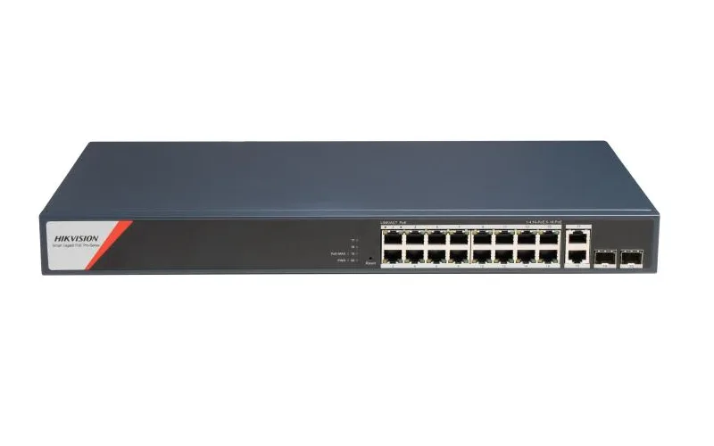 Switch PoE Hikvision DS-3E1520HP-SI-16P2T2F: 16 x 10/100/1000 PoE Ports, 2 × 10/100/1000 Mbps RJ45, 8 porturi PoE maxim 90W, buget PoE 230W, tensiune alimentare: 100-240V~ 50/60Hz 4 A, dimensiuni: 440 mm × 44 mm × 220.8 mm, greutate: 2.73kg, montare pe