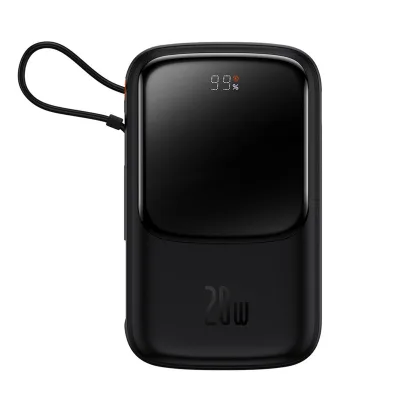 POWER BANK Baseus Qpow Pro Digital Display, 20000mAh, 20W, 1 x cablu integrat Iphone Lightning output, 1 x USB, 1 x USB Type-C, negru, "PPQD040001" (timbru verde 0.98 lei) - 6932172619671