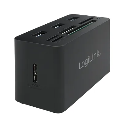 HUB extern LOGILINK, porturi USB: USB 3.0 x 3, conectare prin USB 3.0, alte porturi: SD, MicroSD, M2, MS Duo/Pro, CF, negru, "CR0042"  (timbru verde 0.8 lei)