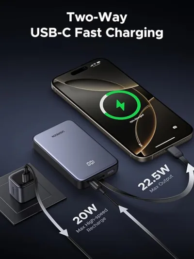 POWER BANK Ugreen "PB505", 20000mAh, 20W, 1 x USB Type-C input/output, cablu USB Type-C integrat, gri "45762" (timbru verde 0.98 lei)