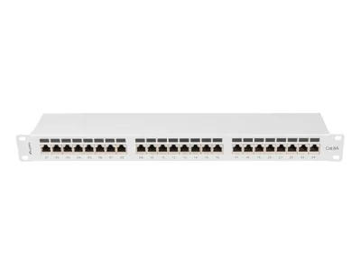 Patch panel 24 porturi 1U 19" Cat.6A FTP cu organizator cabluri, ecranat, gri