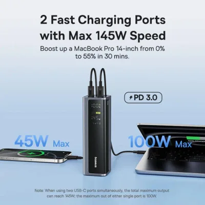 POWER BANK Baseus EnerGeek GP12, 20800mAh, 2 x USB Type-C, 2 x USB, 145W, display, include cablu USB Type-C la USB Type-C 1m, negru, "P10082109813-00" (timbru verde 0.98 lei) - 6932172687571
