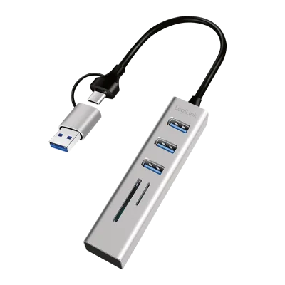 HUB extern LOGILINK, porturi USB: USB 3.0 x 3, conectare prin USB-C 3.0, adaptor conectare USB-A, SD/SDHC + microSD, metal, argintiu, "UA0445" (timbru verde 0.8 lei)