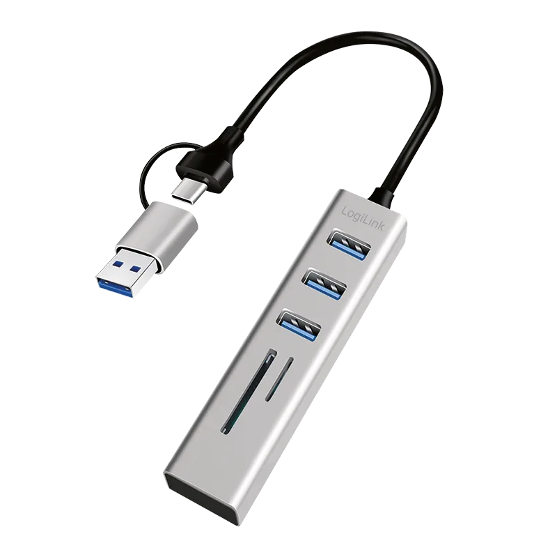 HUB extern LOGILINK, porturi USB: USB 3.0 x 3, conectare prin USB-C 3.0, adaptor conectare USB-A, SD/SDHC + microSD, metal, argintiu, "UA0445" (timbru verde 0.8 lei)