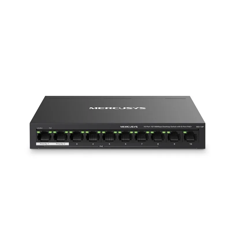 MERCUSYS DESKTOP SWITCH 10PORT MS110P POE, Interfata:  10× 10/100 Mbps, Standarde si protocoale:  IEEE 802.3x Flow Control, Dimensiuni:  171*98* 27 mm, Porturi POE: 1-8, Buget POE: 65W.