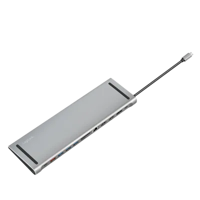 DOCKING Station LOGILINK universal, conectare PC USB TYPE-C 3.2, USB-C PD x 1, USB-C x 1, USB-A 3.0 x 3, porturi video DP x 1, HDMI x 2, RJ-45, 3.5mm x 1, card reader, PD 3.0 pana la 100W, argintiu, "UA0411" (timbru verde 0.18 lei)