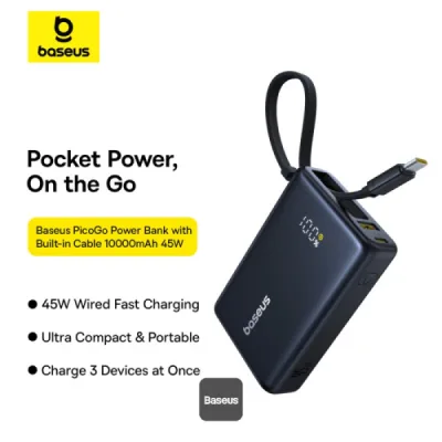 POWER BANK Baseus PicoGo, display, capacitate 10000mAh, 45W, cablu integrat USB Type-C, 1 x USB Type-C, 1 x USB, total 5V/3A, negru, "P10076803123-00" (timbru verde 0.98 lei) - 6932172678715