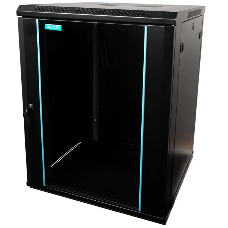 CABINET 19″ SPACER 15U 600x600mm, fixare pe perete, Flatpack (dezasamblat), Black, usa sticla cu blocare, panouri detasabile, otel 1.5mm, sarcina maxima 60Kg