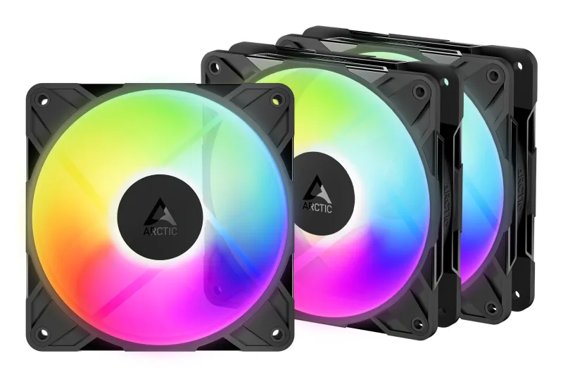 Set 3 ventilatoare Arctic "P12 Pro Reverse A-RGB - 3 Pack", 120mm, 500 - 3000 RPM, FDB, 73 cfm, 4-Pin Fan Plug + 4-Pin/3-Pin A-RGB Plug + 3-Pin Socket, negru, "ACFAN00333A" (timbru verde 0.54lei)
