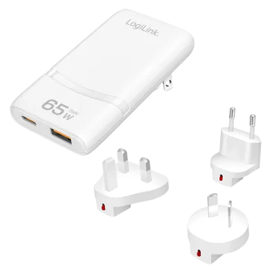 ALIMENTATOR retea 220V LOGILINK, universal, 1 x USB-C,  1 x USB-A, maxim 20V/3.25A, GaN 65W, tip travel: adaptor EU/UK/AU, suport OCP/OVP/OHP/SCP, compatibil EU/AUS/US/UK, alb, "PA0376" (timbru verde 0.18 lei)