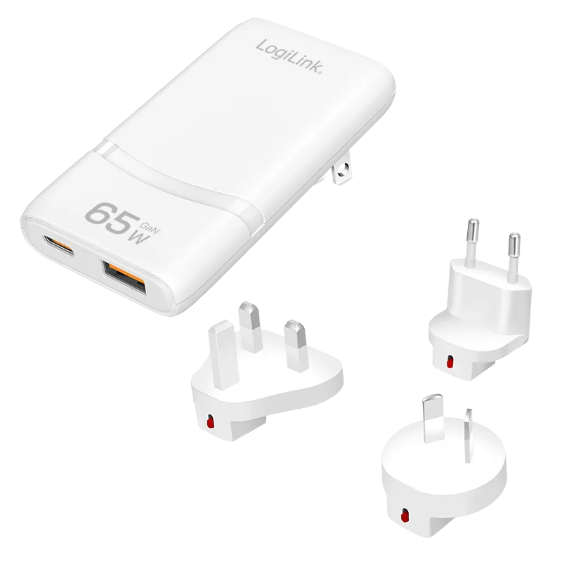 ALIMENTATOR retea 220V LOGILINK, universal, 1 x USB-C,  1 x USB-A, maxim 20V/3.25A, GaN 65W, tip travel: adaptor EU/UK/AU, suport OCP/OVP/OHP/SCP, compatibil EU/AUS/US/UK, alb, "PA0376" (timbru verde 0.18 lei)