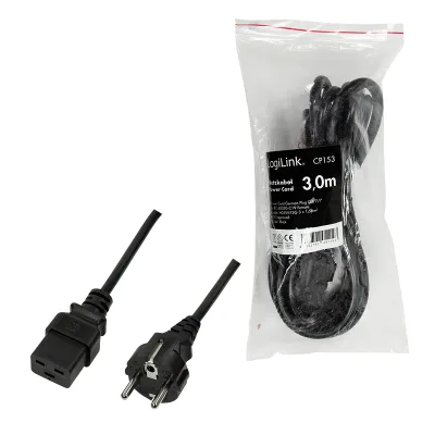 CABLU alimentare LOGILINK   3m, intrare Schuko, iesire C19, 16A, testat VDE, 3x1.5mm, black, "CP153" (timbru verde 0.08 lei)