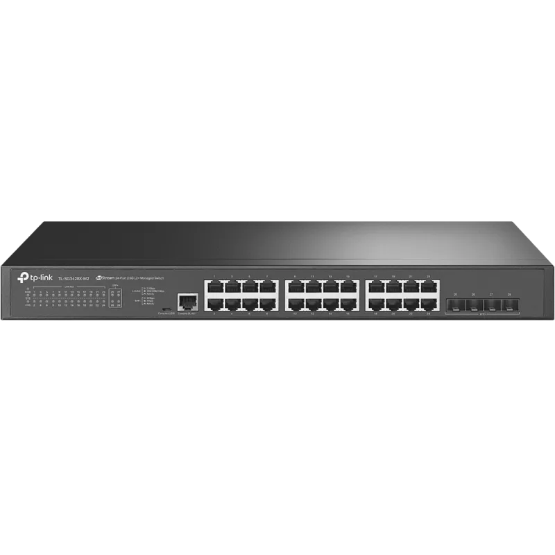 "JetStream™ 24-Port 2.5GBASE-T L2+ Managed Switch with 4 10GE SFP+ Slots PORT: 24× 2.5G RJ45 Ports, 4× 10G SFP+ Slots, RJ45/Micro-USB Console Port SPEC: 1U 19-inch Rack-mountable Steel Case FEATURE: Integration with JetStream™ SDN Controller, Static