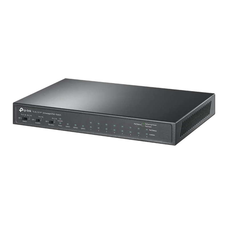 8-Port 10/100Mbps + 3-Port Gigabit Desktop Switch with 8-Port PoE+ PORT: 8× 10/100 Mbps PoE+ Ports, 2× Gigabit Non-PoE Ports, 1× Gigabit SFP Slots SPEC: 802.3at/af, 65 W PoE Power, Desktop Steel Case FEATURE: Extend Mode for 250m PoE Transmitting,