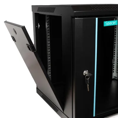 CABINET 19″ SPACER 9U 600x450mm, fixare pe perete, Flatpack (dezasamblat), Black, usa sticla cu blocare, panouri detasabile, otel 1.5mm, sarcina maxima 60Kg