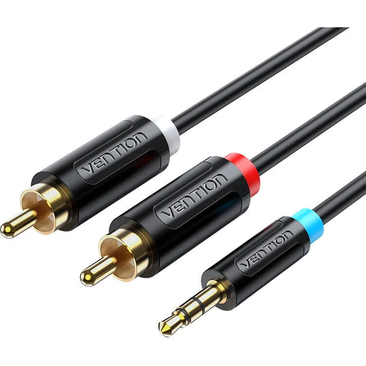 Cablu audio Vention, Jack 3.5mm (T) la 2 x RCA (T), 2m, conectori auriti, PVC, negru, "BCLBH" (timbru verde 0.18 lei) - 6922794751323