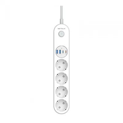 Prelungitor cu protectie Serioux SRXP-PS44W, 4 prize schuko, Tensiune intrare: 100-240V, 50-60Hz, Tensiune ieşire (total): 2500W-10A, 4 porturi USB (auto max), USB-C1-20W si USB-C2/A1/A2-12W, Amperaj port USB (max): 3.4A, Funcţie auto ID