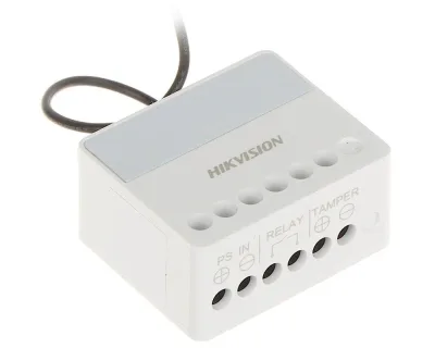 Modul releu AXPRO Hikvision DS-PM1-O1L-WE, 1 x NO/NC (0~36 V DC, Max 5 A), comunicare 868 MHz two-way wireless, criptare AES-128, distanta de comunicare RF: 1800m, in camp deschis, 1x buton invatare( pentru inregistrare),  3 x Led stare: Register/Signal