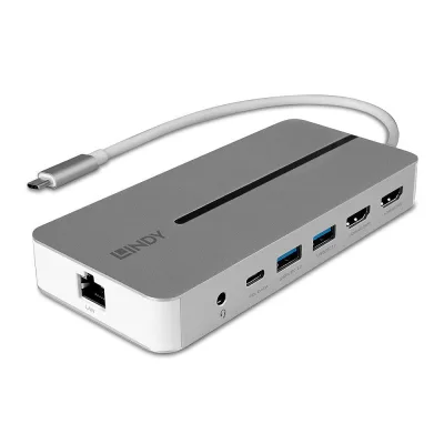 Hub USB LINDY DST-Mx Duo, USB-C, 10 porturi, HDMI, RJ-45, Argintiu