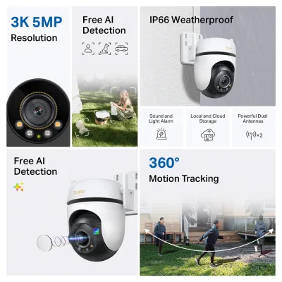CAMERA IP Exterior TP-LINK, 3K QHD 2880×1620, rotatie pana la 360 grade, IP66, dist. IR 30 m, lentila fixa 3.2mm, 5 Mpx, RJ-45+wireless, mic, plastic, slot SD card, "Tapo C530WS" (timbru verde 0.8 lei)