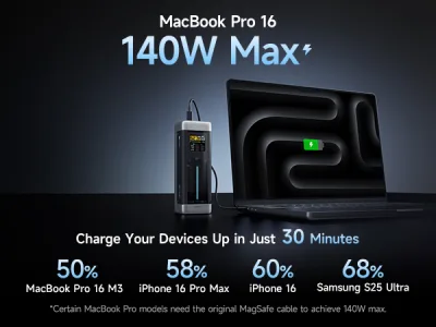 POWER BANK Cuktech P+ Series 2C1A, 25000mAh, PD 3.1, 210W, 1 x USB; 2 x USB Type-C, digital display pt. status baterie, negru, "CUK00P23GLBK" (timbru verde 0.98 lei)