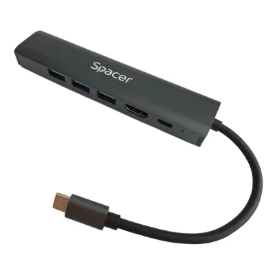 DOCKING Station Spacer universal 6 in 1, conectare Type-C, USB 3.0 x 3 |PD 3.0 x 1 (100W), 1x HDMI 4K (30Hz), 1xRJ45 Gigabit, gri, Aluminiu, "SPDS-TypeC-HUPG-6in1-04" (timbru verde 0.18 lei)