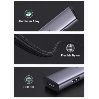 HUB extern Ugreen, "CM473" porturi USB: USB 3.0 x 4, conectare prin USB Type-C, aluminiu, lungime 20 cm, gri, "20841" (timbru verde 0.8 lei) - 6957303828418