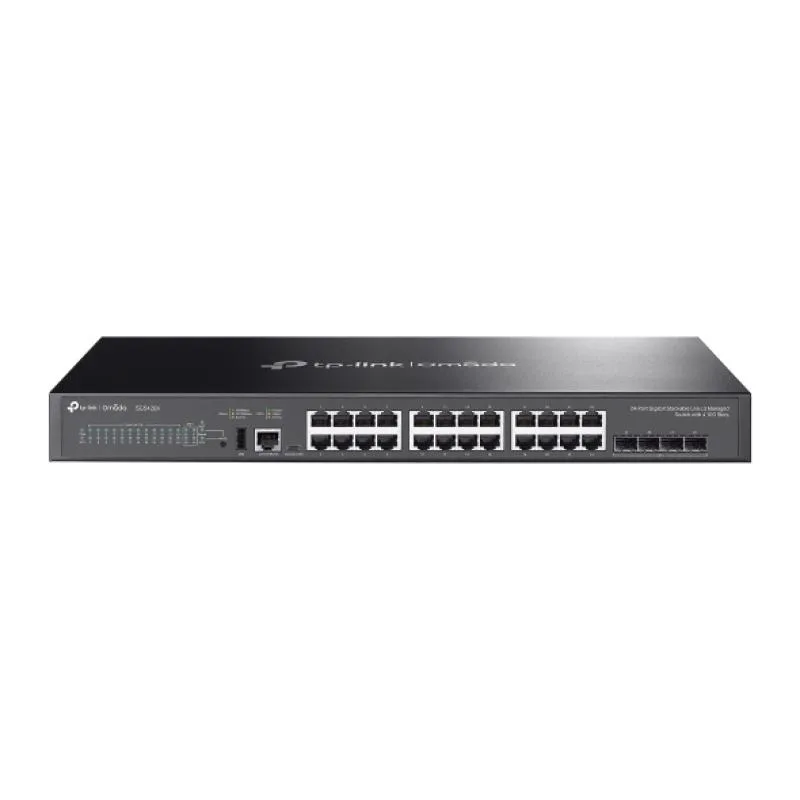 Omada 24-Port Gigabit Stackable Lite L3 Managed Switch with 4 10G Slots PORT: 24× Gigabit RJ45 Ports, 4× 10G SFP+ Slots, RJ45/USB Type C Console Port, 1× USB2.0 Port SPEC: 1U 19-inch Rack-mountable Steel Case FEATURE: Centralized Managed by Omada SDN