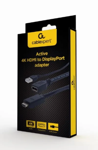 ADAPTOR video GEMBIRD, HDMI (T) la DisplayPort (M), rezolutie maxima 4K (3840 x 2160) la 30Hz, activ USB powered, black, "A-HDMIM-DPF-01" (timbru verde 0.08 lei)