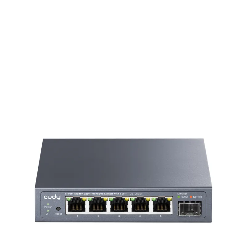 Cudy 5-Port Gigabit Easy-Managed Switch, 5× GbE, 1× 1.25G SFP,  VLAN (802.1Q/MTU/Port-Based), QoS (802.1p/DSCP/Port-Based), gri