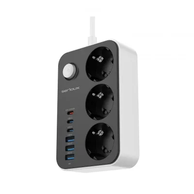 Prelungitor cu protectie Serioux SRXP-PS36B, 3 prize schuko Tensiune intrare: 100-240V, 50-60Hz Tensiune ieşire (total): 2500W – 10A 6 porturi USB (auto max): 15.5W USB-C2/C3/A1/A2/A3 - 12W USB-C1-20W Amperaj port USB (max): 3.4A Funcţie auto ID