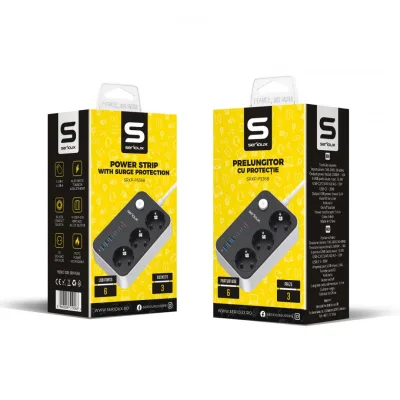Prelungitor cu protectie Serioux SRXP-PS36B, 3 prize schuko Tensiune intrare: 100-240V, 50-60Hz Tensiune ieşire (total): 2500W – 10A 6 porturi USB (auto max): 15.5W USB-C2/C3/A1/A2/A3 - 12W USB-C1-20W Amperaj port USB (max): 3.4A Funcţie auto ID