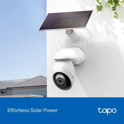 CAMERA IP TP-LINK + PANOU SOLAR, wireless, turret, pt.exterior, dist. IR 9 m, tip lentila fixa 4 mm, 4K 8MP (3840 × 2160 px), microfon, carcasa plastic, slot SD card, "Tapo C660 KIT" (timbru verde 0.8 lei)