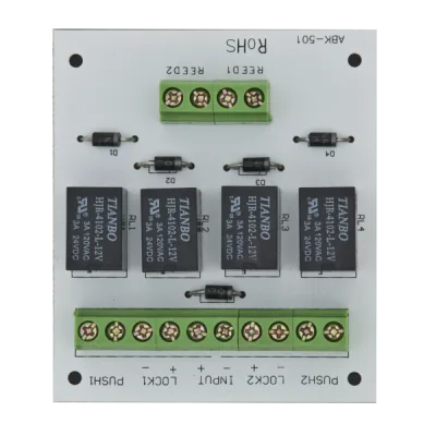 Modul electronic pentru doua usi cu incuietori tip fail-safe cu monitorizare sau buton.