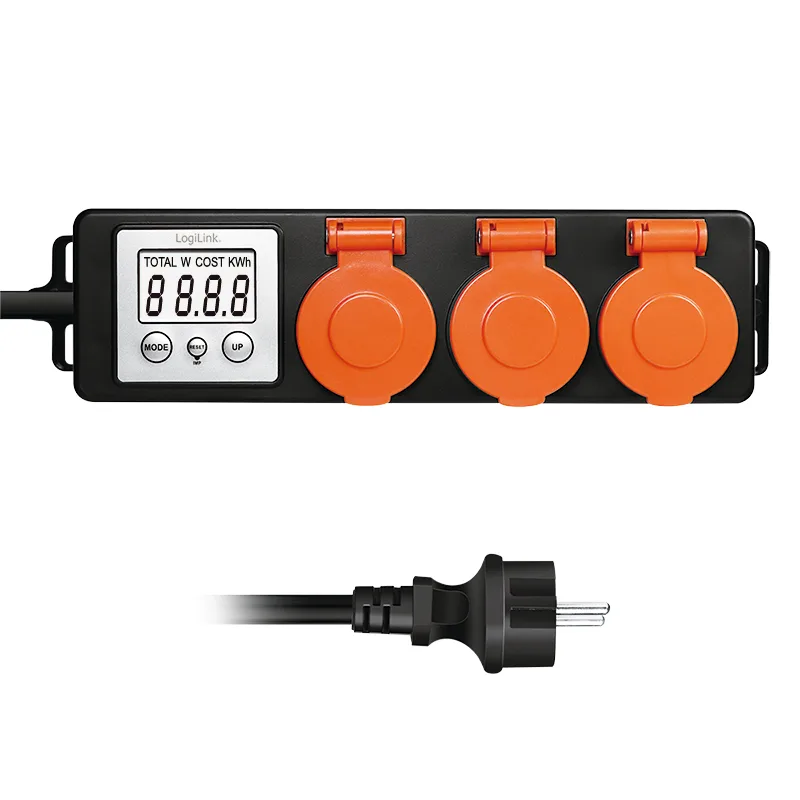 PRELUNGITOR LOGILINK, Schuko x 3, cablu 3G 1.5mm2, 230 V/16 A, 50 Hz, max. 3500 W, contor cost energetic, LCD, 3 butoane operare, IP44, de exterior, 1.4m, negru-portocaliu, "EM0008" (timbru verde 0.8 lei)