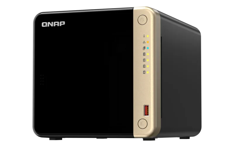 NAS QNAP 464 4-Bay, CPU Intel Celeron N5105/N5095 4-core/4-thread Processor, RAM 8 GB DDR4 (onboard, not expandable), HDD 4 x 2.5"/3.5" SATA 6Gbps + 2 x M.2 2280 PCIe Gen 3 x1 SSD slots (neincluse), LAN: 2 x 2.5GbE (optional 10GbE expansion via a PCIe