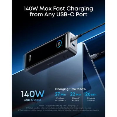POWER BANK Anker "Prime" 26.250 mAh, 300W PowerIQ 4.0, 2 x USB-C, 1 x USB-A, afisaj LED, conectare Bluetooth, control prin app, 600, gri, "A110AH11" (timbru verde 0.98 lei) - 194644239299