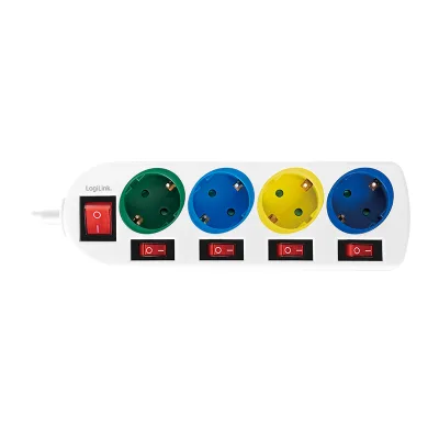 PRELUNGITOR LOGILINK, Schuko x 4, conectare prin Schuko (T), cablu 1.5 m, 16 A, protectie copii, alb/ multicolor, "LPS257" (timbru verde 0.18 lei)