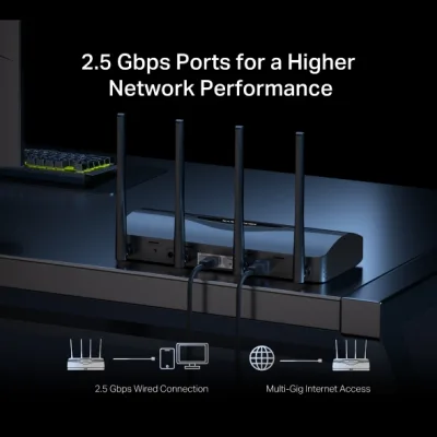 ROUTER Mercusys wireless, BE3600 viteze Wi-Fi 7 Dual Band de pana la 3600 Mbps ,1× 2.5 Gbps WAN + 1× 2.5 Gbps LAN + 2× 1 Gbps LAN, 4 antene, "MR27BE" (timbru verde 0.8 lei)