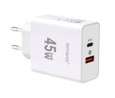 Lemontti Incarcator Retea GaN Fast Charge 45W 1 x PD Type-C + 1 x USB-A Quick Charge 3.0 Alb