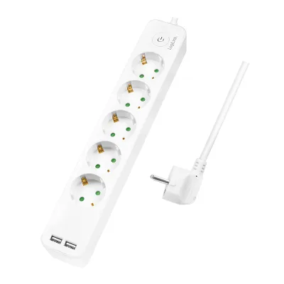 PRELUNGITOR LOGILINK, Schuko x 5, USB x 2 5V/2.1A (10.5 W), cablu 3G 1.5mm2, 230 V/16 A, 50 Hz, max. 3600 W, buton intrerupator iluminat, IP20, 1.5m, alb "LPS249U" (include TV 0.80lei)