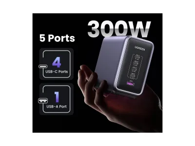 INCARCATOR RETEA UGREEN, "CD333" 300W GaN Nexode Desktop Charger PD3.1, 4 x USB Type-C, 1 x USB, lungime cablu 2m, gri  "90903B" (include timbru verde 2 lei)