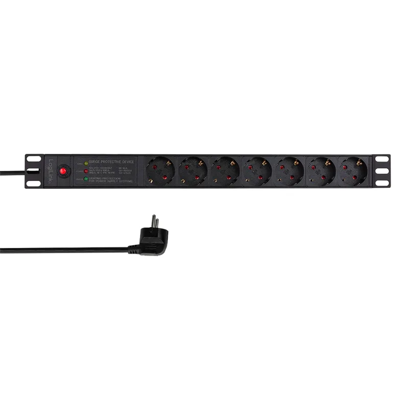 PDU LOGILINK 1U pt. rack 19 inch, 7 prize Schuko, intrare Schuko, max 16 A, ON/OFF, prot. suprasarcina, filtru de linie, IP20, 2 m, negru, "PDU7C02" (timbru verde 0.8 lei)